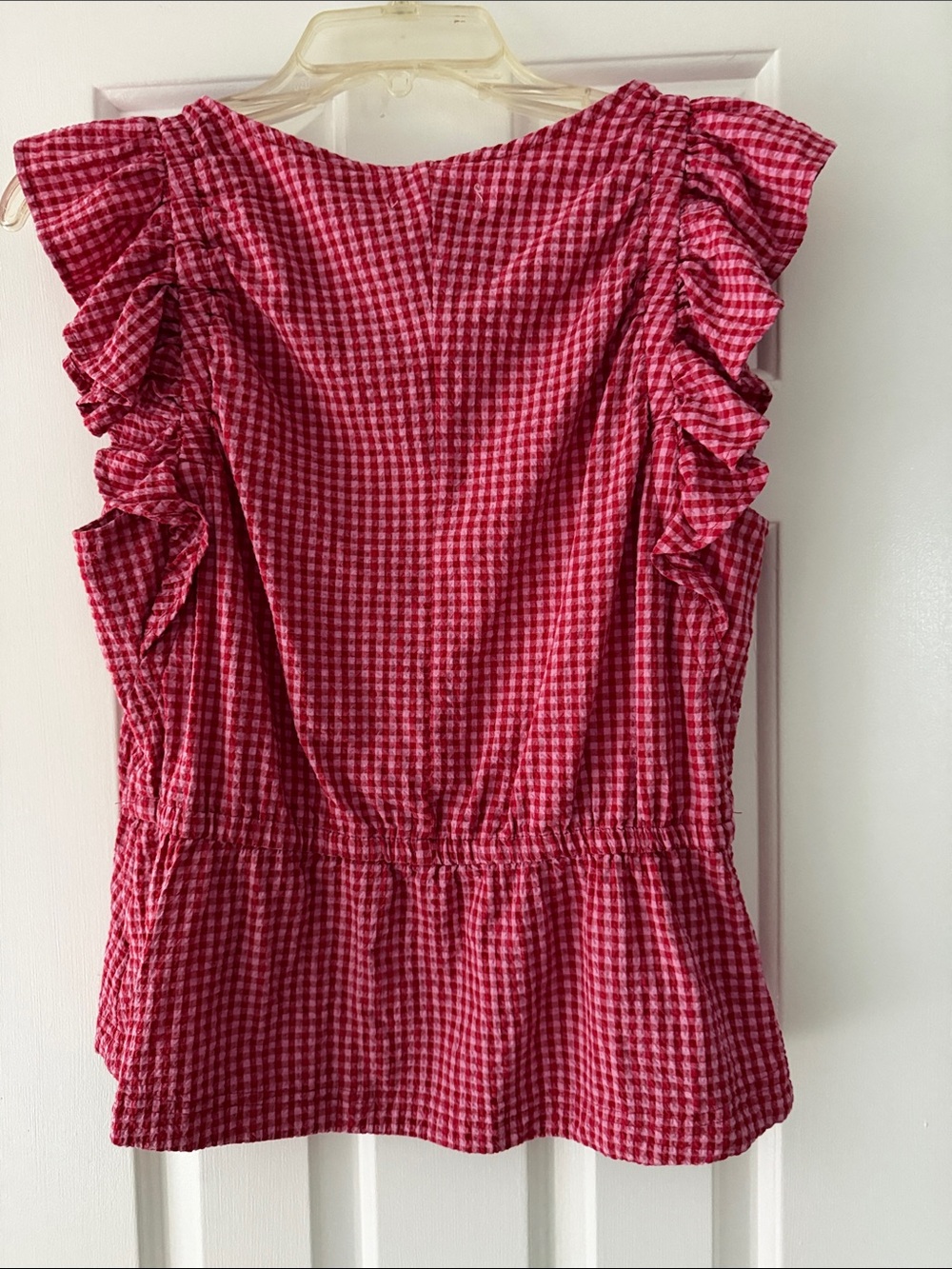 Free Assembly Women's Sleeveless Red and Pink Gingham Ruffle Top Size Small - Picture 6 of 6